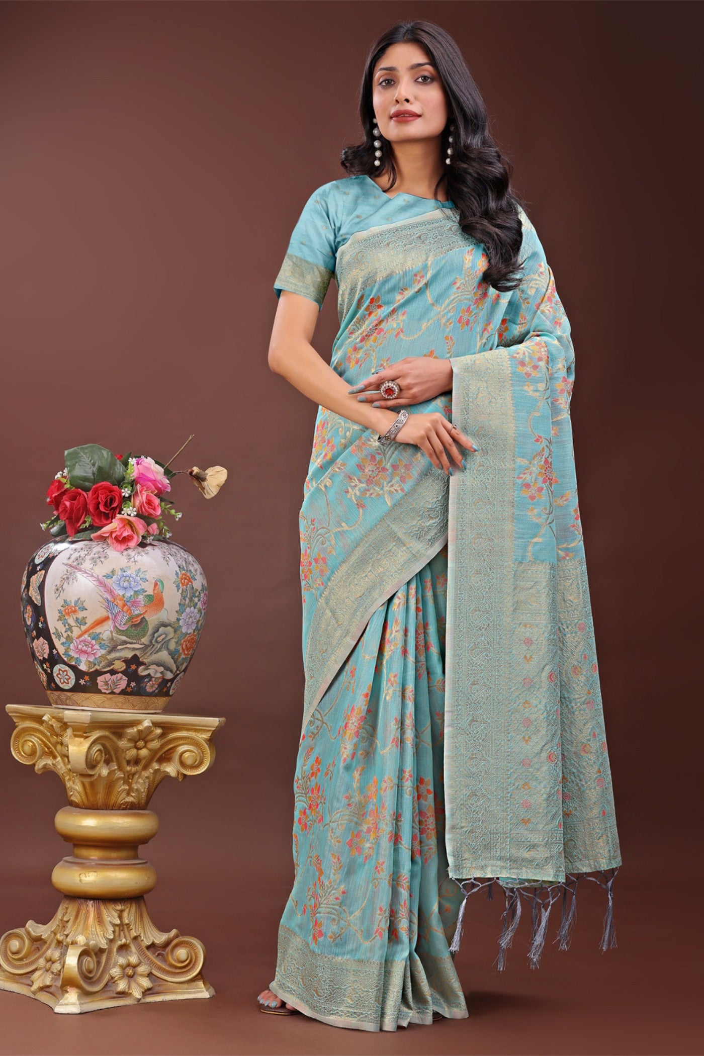 Buy MySilkLove Cadet Blue Linen Cotton Saree Online