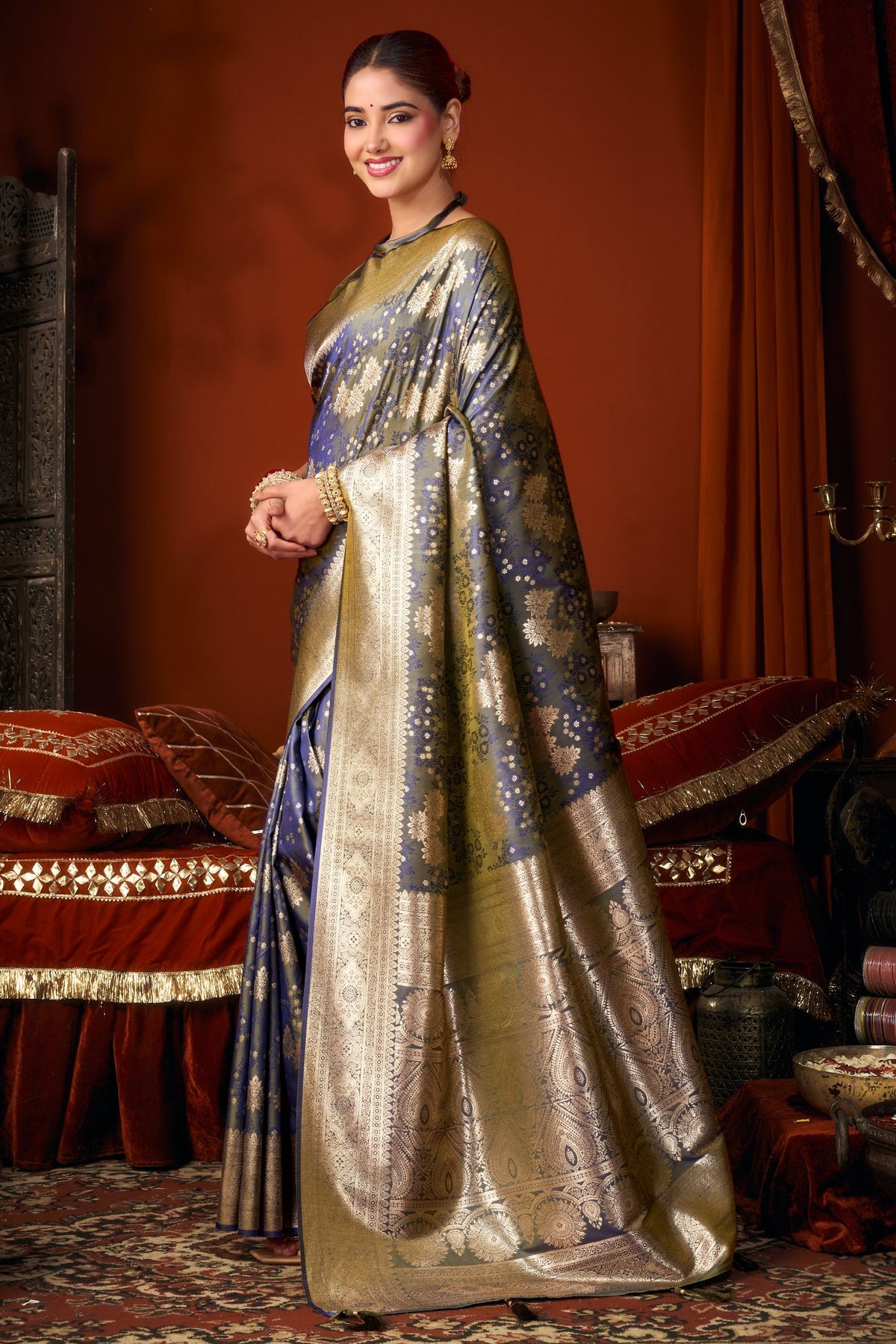 Buy MySilkLove Storm Cloud Grey Woven Banarasi Jacquard Soft Silk Saree Online