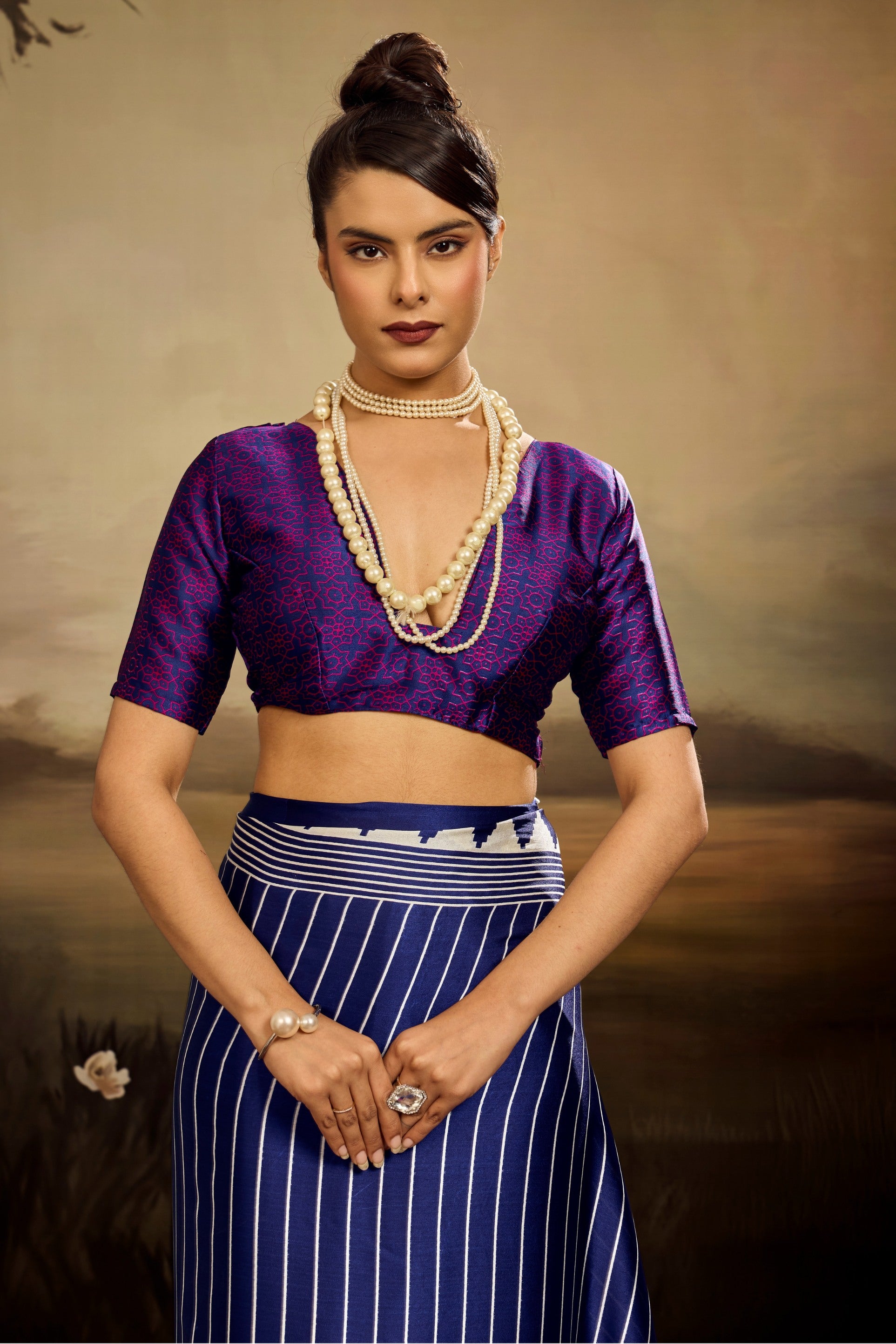 Buy MySilkLove Polynesian Blue Ajrakh Printed Satin Crepe Silk Saree Online