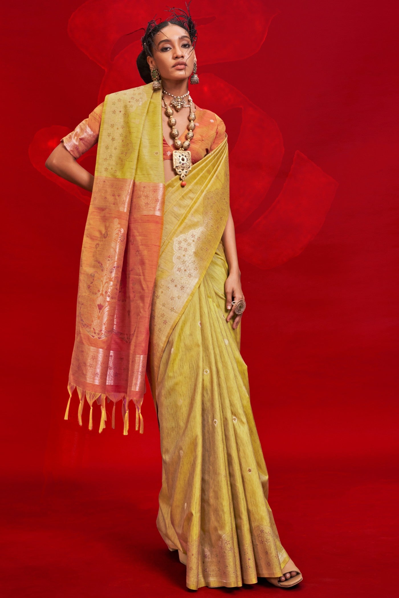Buy MySilkLove Luxor Gold Yellow Tussar Handloom Silk Saree Online