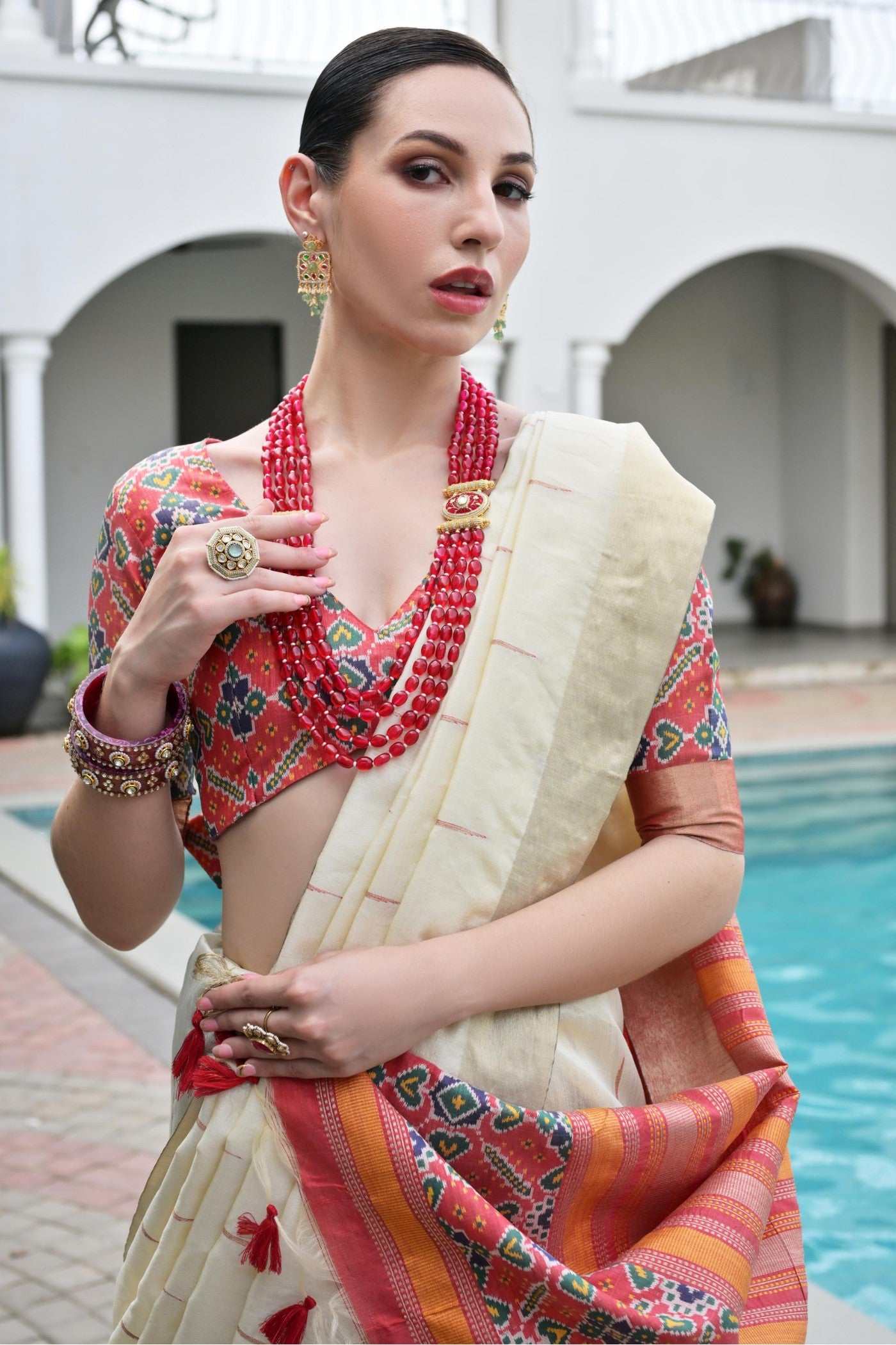 MySilkLove Pearl White Meenakari Woven Patola Saree