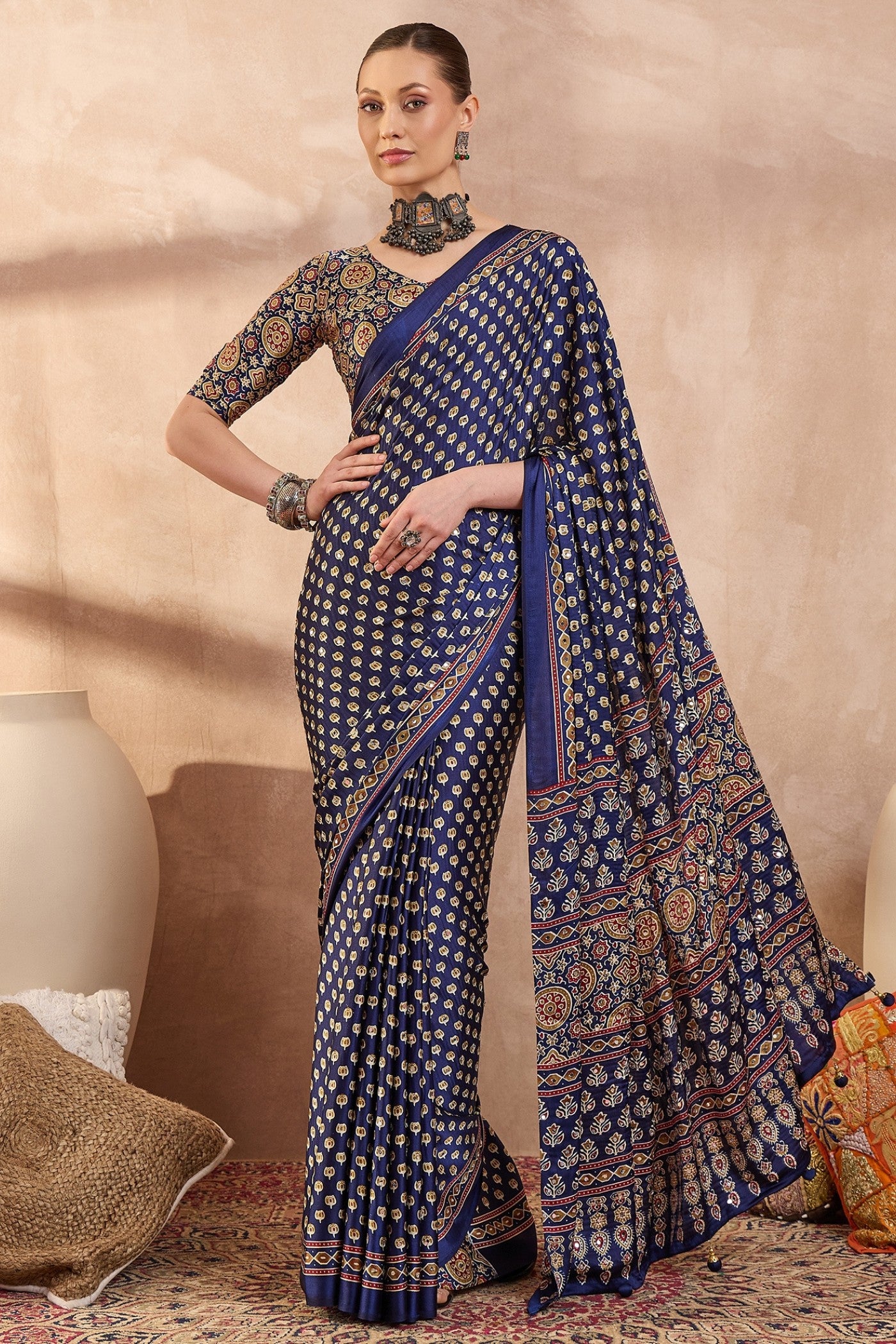 Buy MySilkLove Berry Blue Modal Ajrakh Satin Printed Silk Saree Online