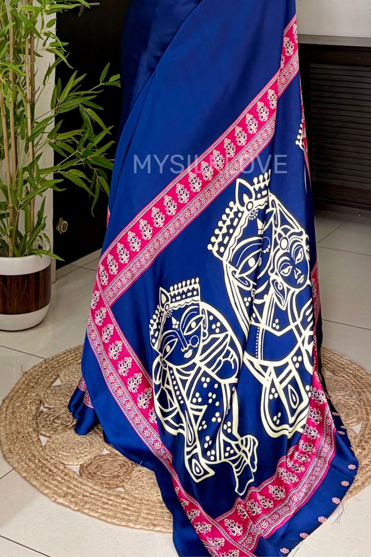 Buy MySilkLove Cobalt Blue Modal Ajrakh Satin Printed Silk Saree Online