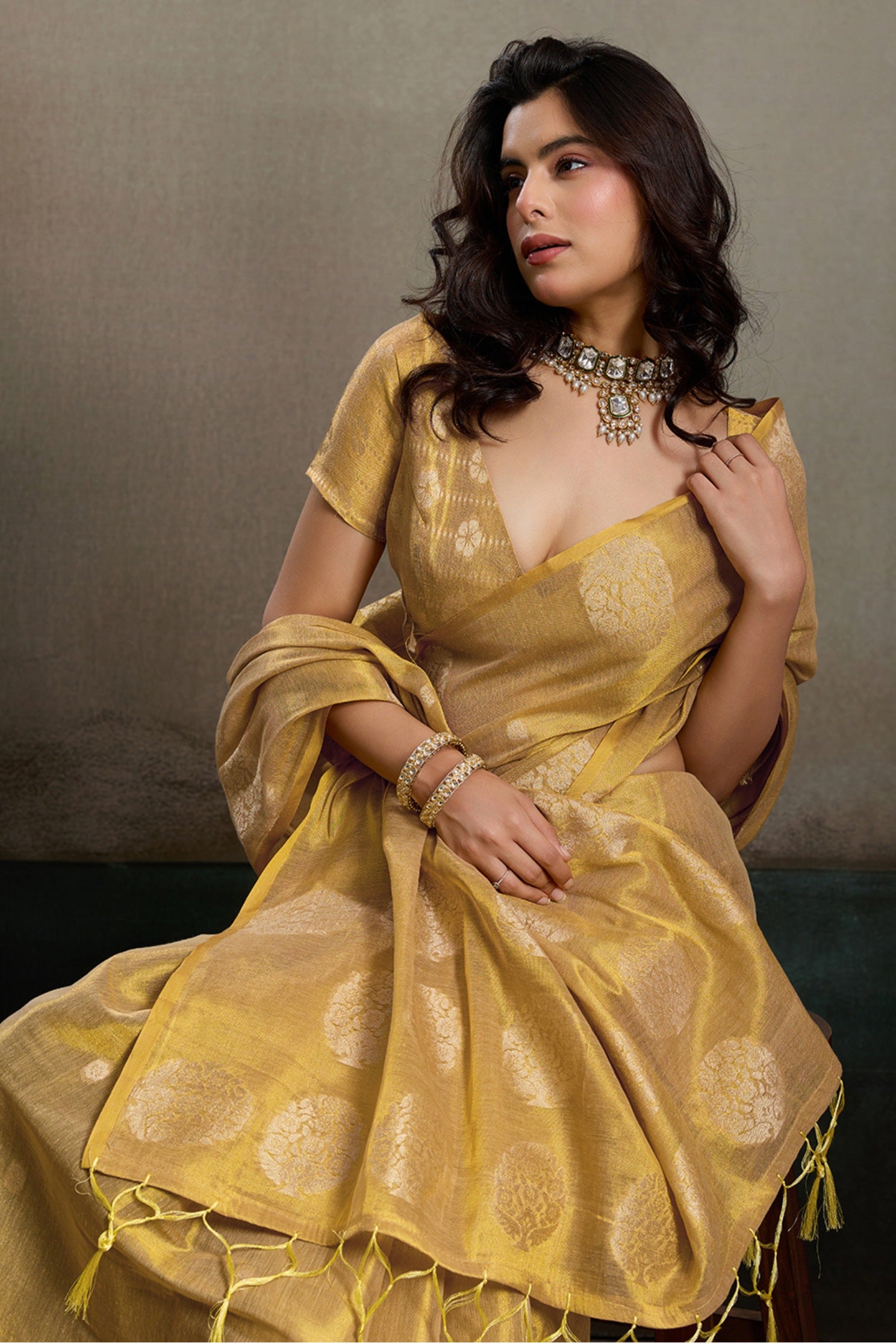 Buy MySilkLove Pastel Yellow Woven Tissue Saree Online