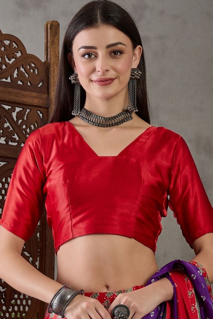 Buy MySilkLove Grape Purple and Red Ajrakh Printed Satin Gaji Silk Saree Online