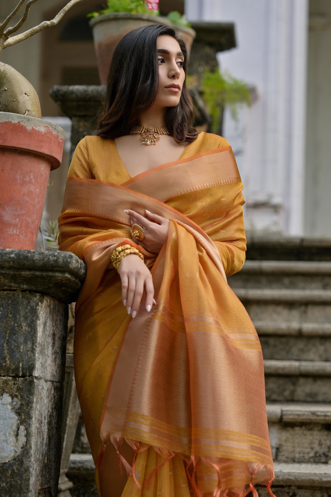 Buy MySilkLove Dijon Yellow Woven Banarasi Saree Online