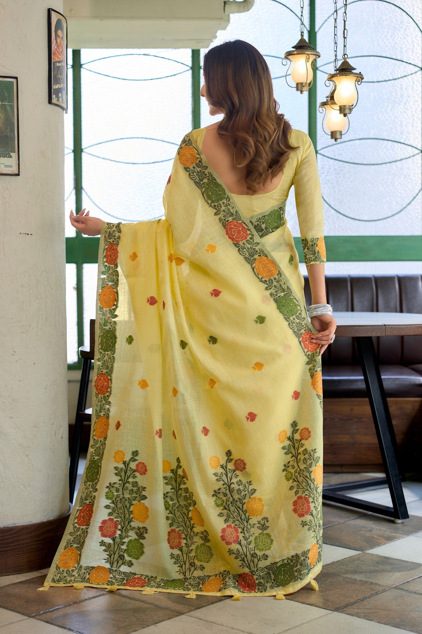 Buy MySilkLove Daffodil Yellow Floral Handloom Linen Saree Online