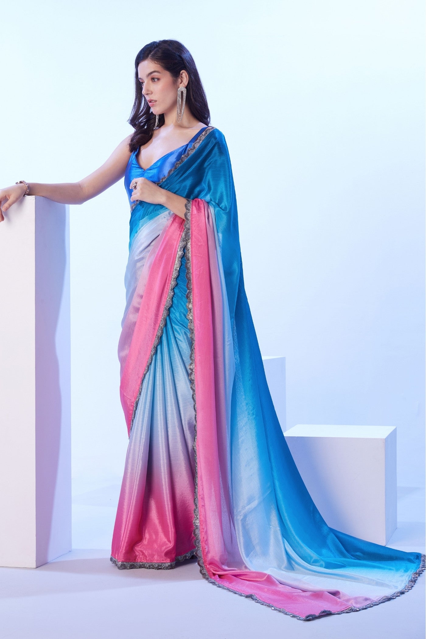 Buy MySilkLove Neon Blue and Pink Designer Partywear Saree Online