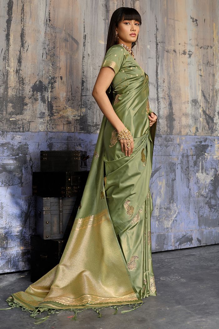 Buy MySilkLove Lime Green Handloom Satin Soft Silk Saree Online