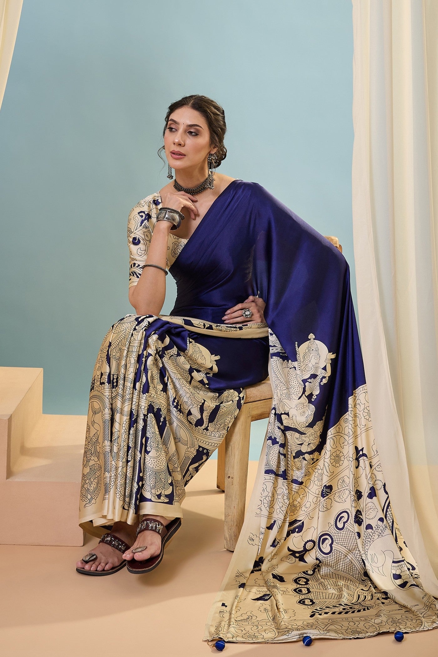 Buy MySilkLove Air Blue Ajrakh Printed Satin Crepe Silk Saree Online