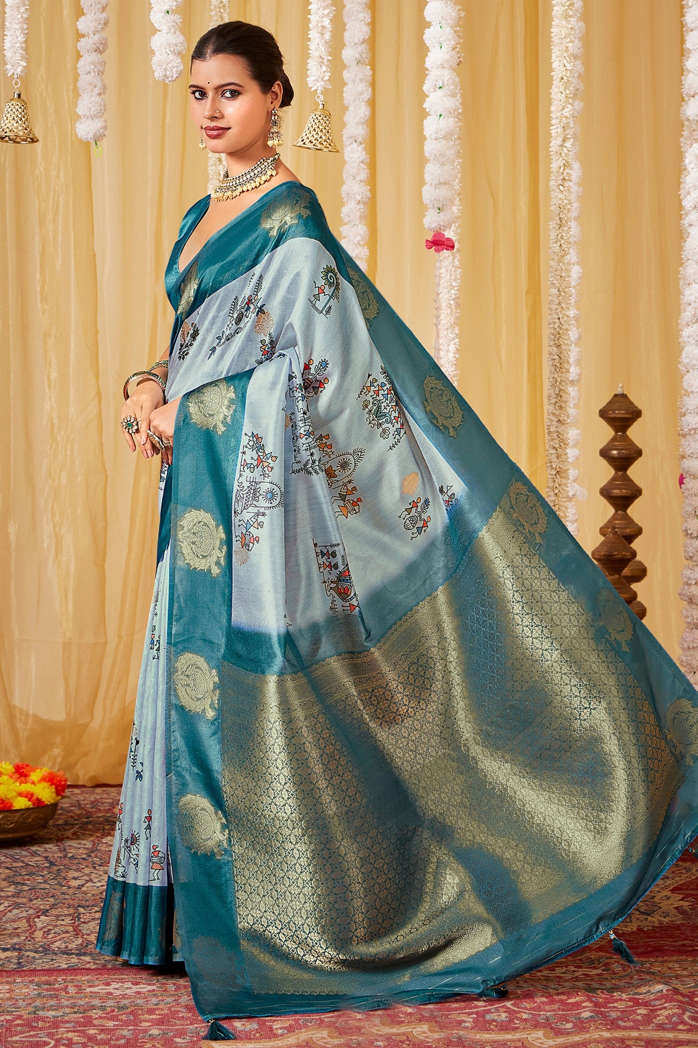 Buy MySilkLove Neptune Blue Kalamkari Printed Saree Online