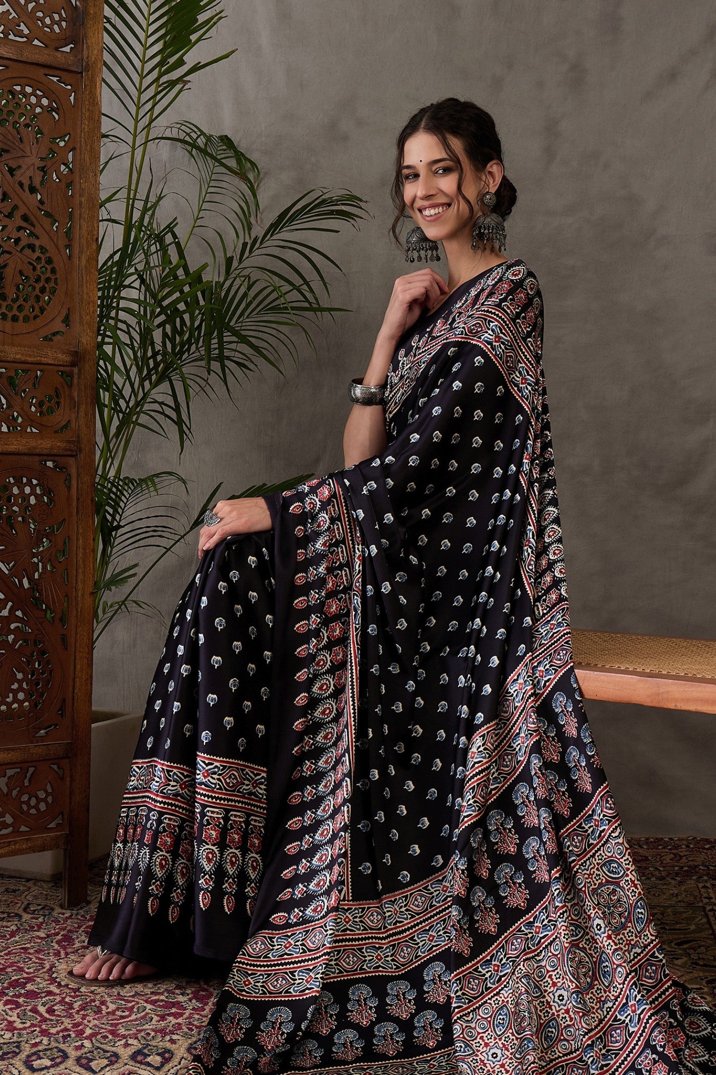 Buy MySilkLove Tuna Black Printed Satin Gaji Silk Saree Online