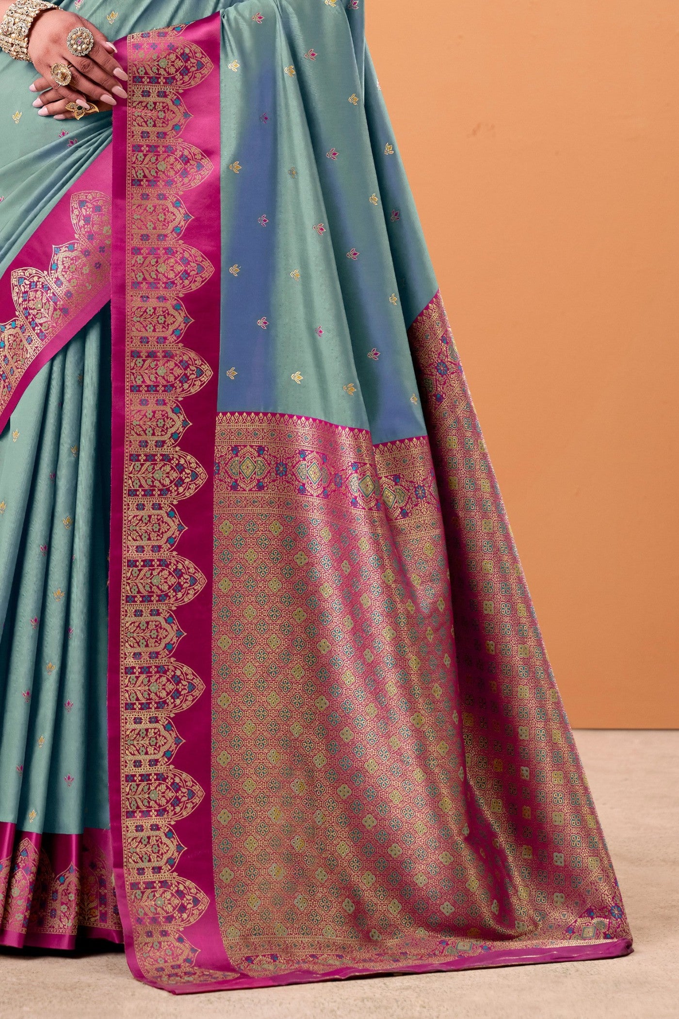 Buy MySilkLove Porpoise Blue Woven Satin Soft Silk Saree Online