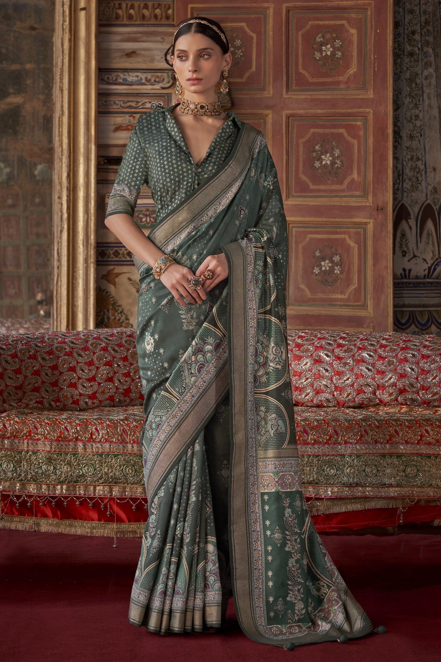 Buy MySilkLove Lunar Green Printed Banarasi Saree Online