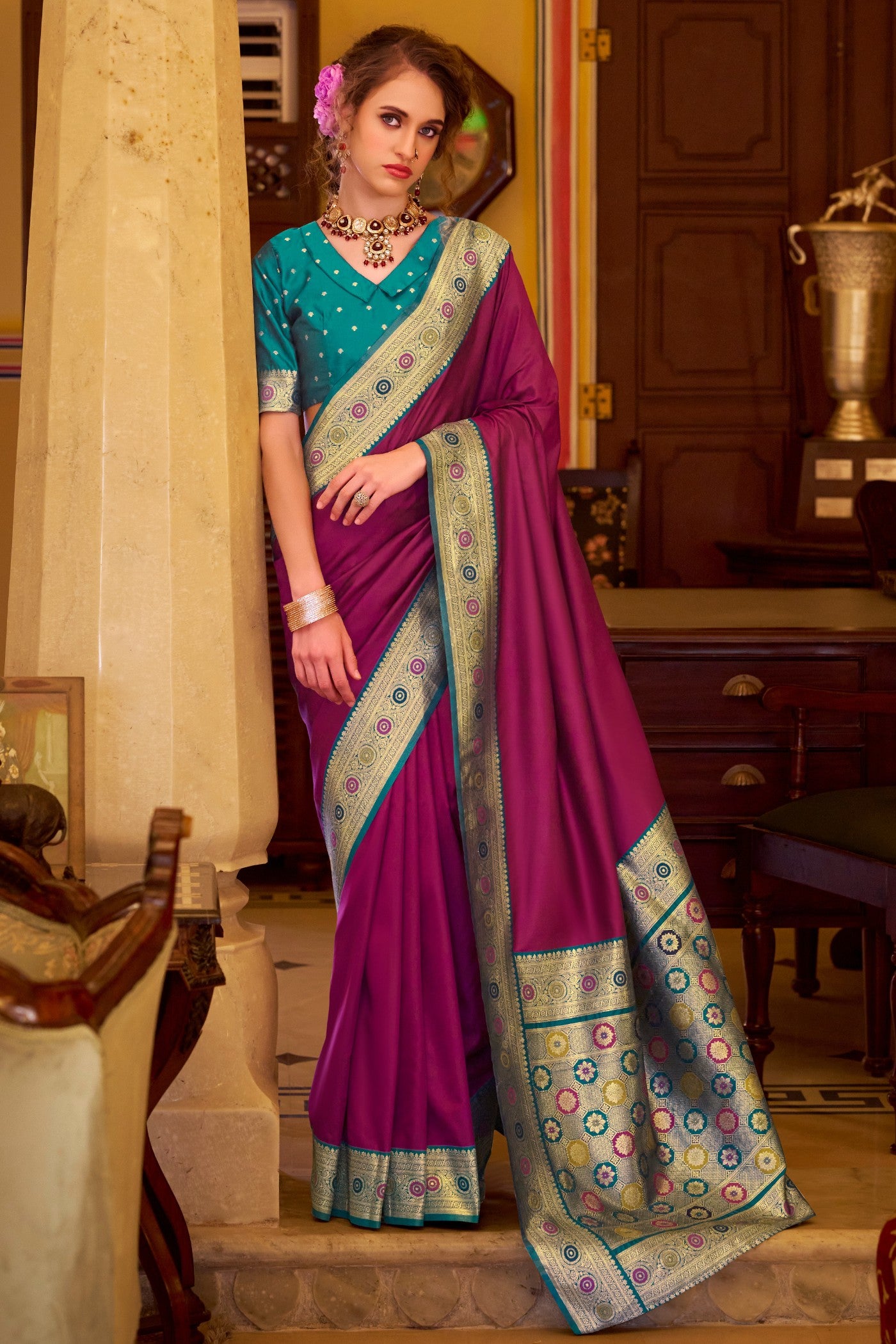 Buy MySilkLove Tyrian Purple Woven Banarasi Soft Silk Saree Online