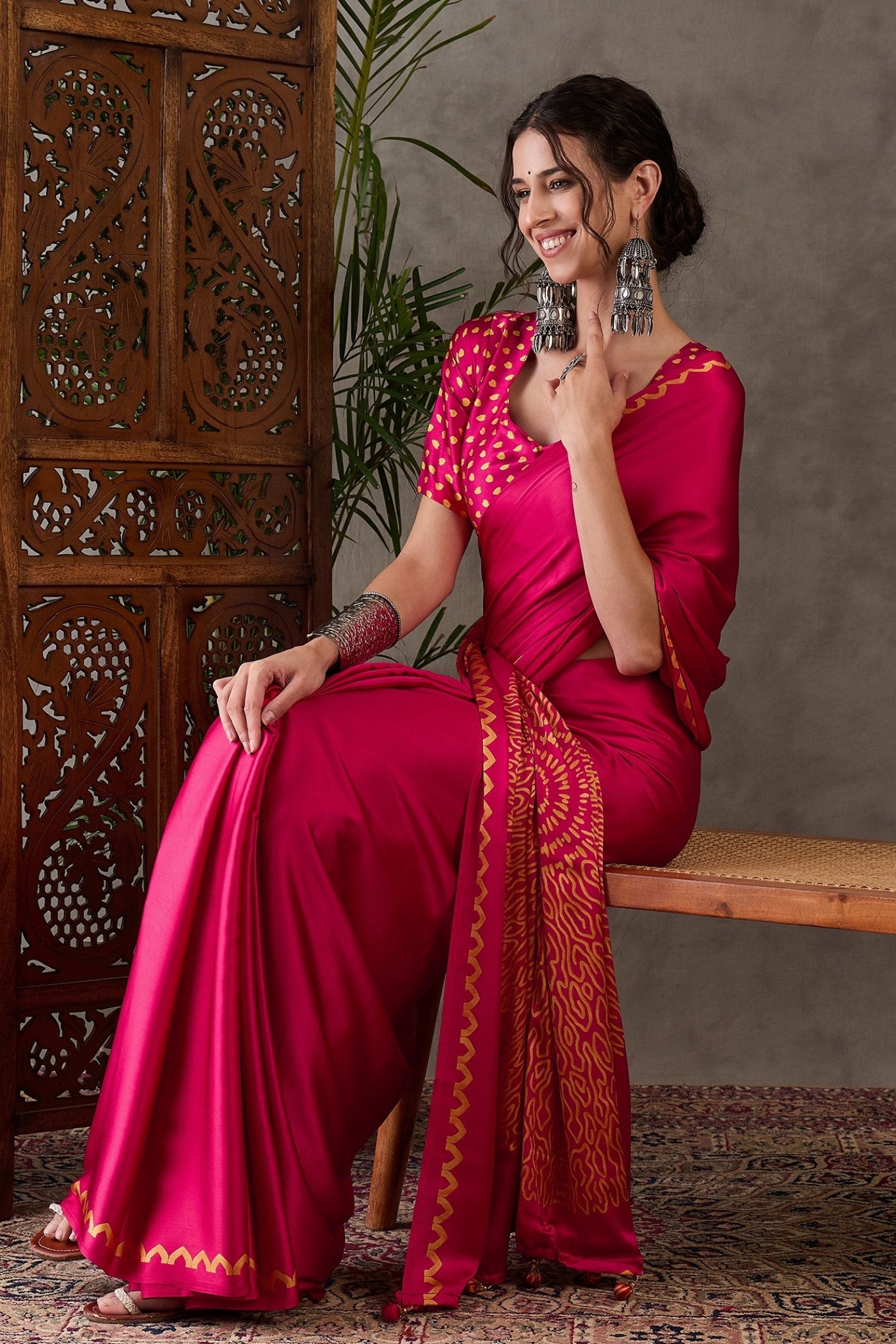 Buy MySilkLove Magenta Pink Printed Satin Gaji Silk Saree Online