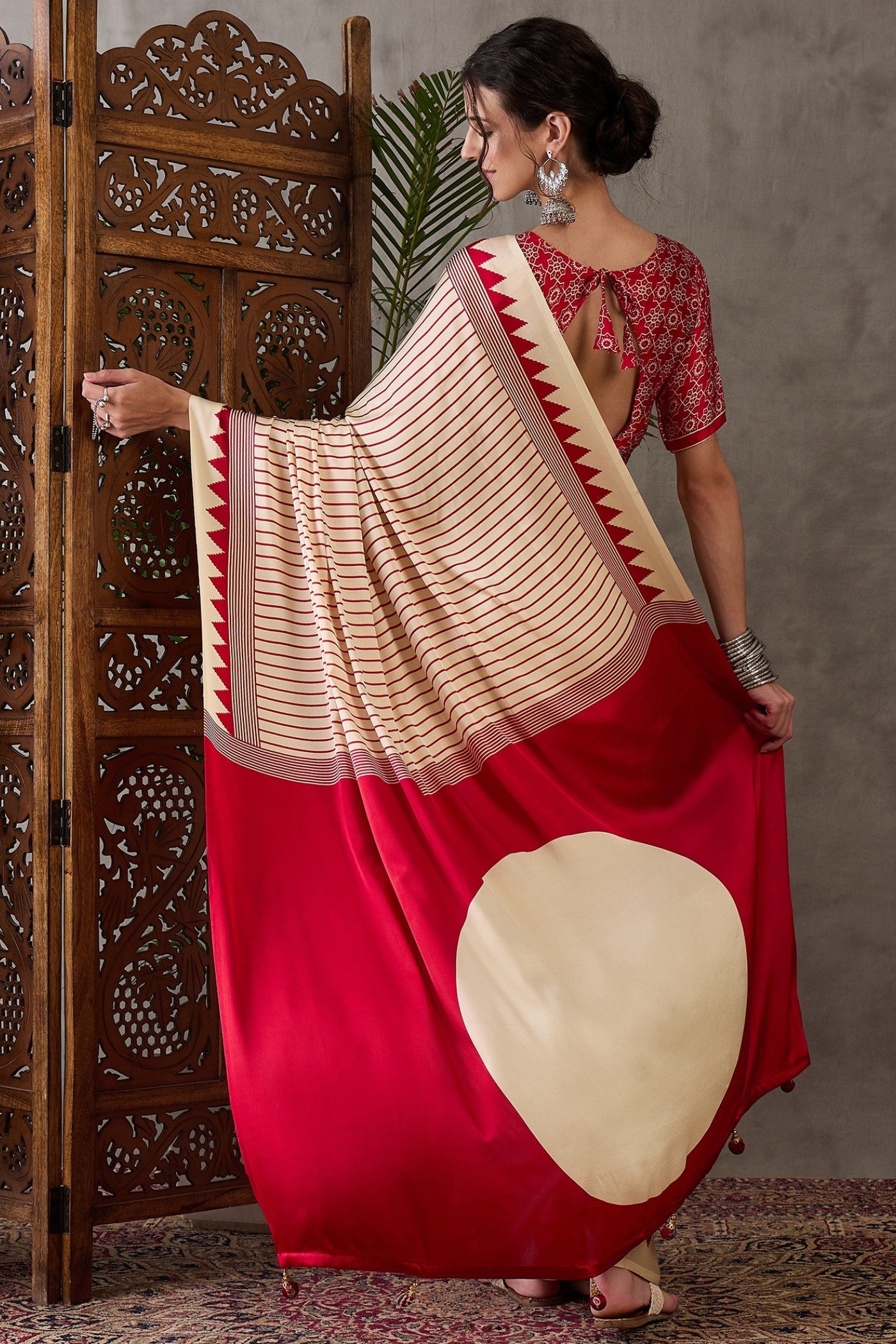 Buy MySilkLove Almond Cream and Red Printed Satin Gaji Silk Saree Online