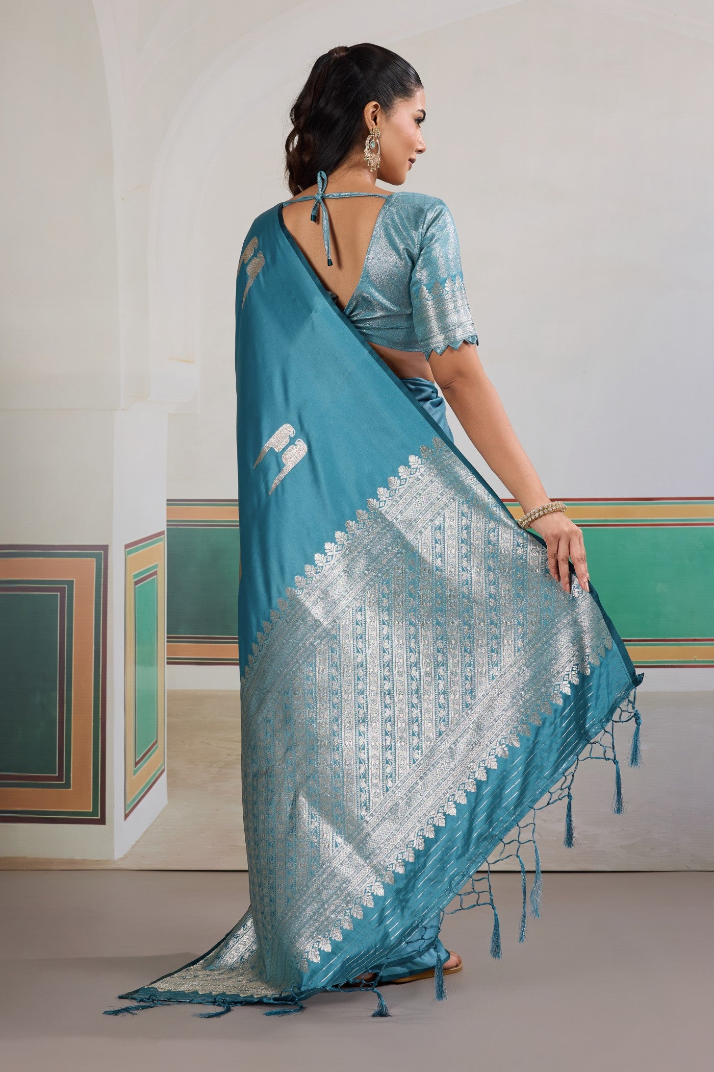 Buy MySilkLove Boston Blue Handloom Satin Soft Silk Saree Online