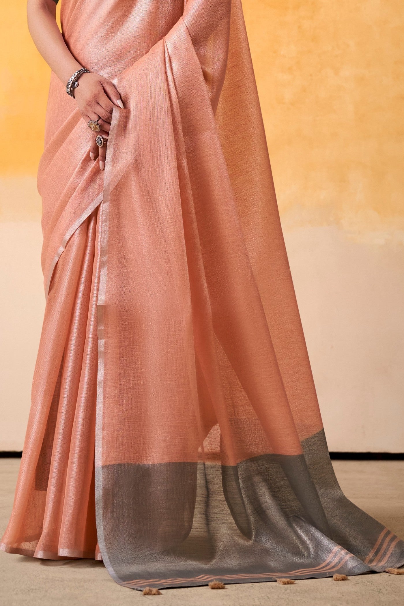 Buy MySilkLove Rustic Peach and Grey Woven Tissue Silk Saree Online