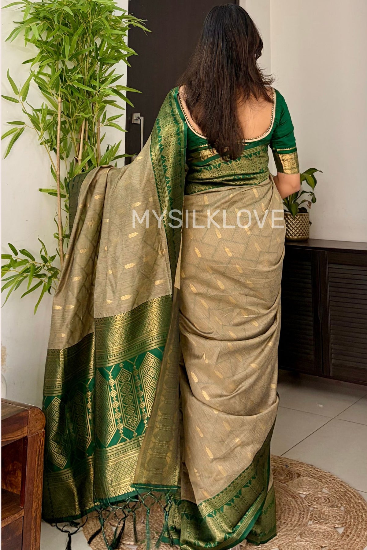 Buy MySilkLove Dust Cream and Green Woven Banarasi Cotton Saree Online