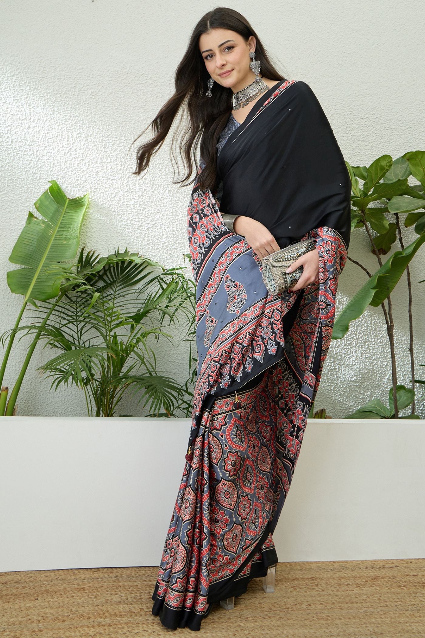 Buy MySilkLove Obsidian Black and Grey Modal Ajrakh Satin Printed Silk Saree Online