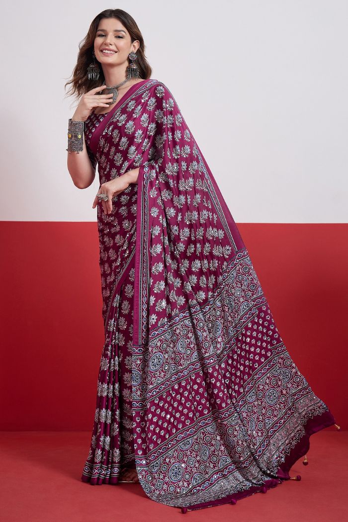 Buy MySilkLove Plum Purple Modal Ajrakh Satin Printed Mirror Work Saree Online