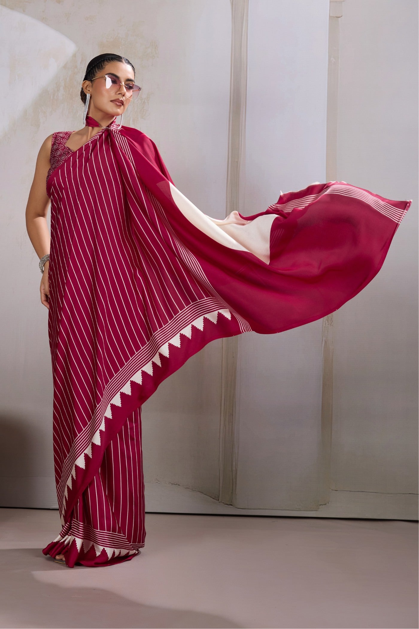 Buy MySilkLove Raspberry Red Ajrakh Printed Satin Crepe Silk Saree Online