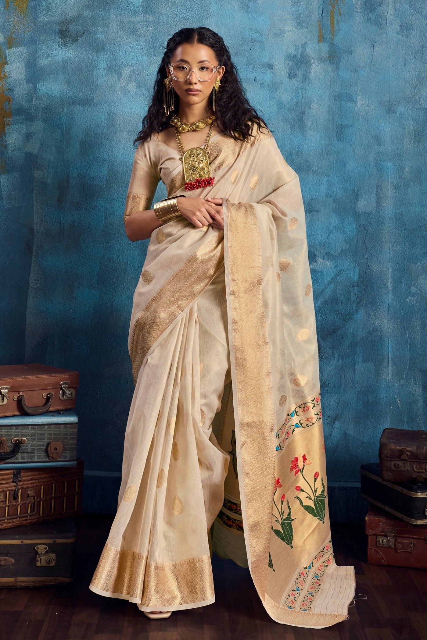Buy MySilkLove Bone White Zari Woven Tissue Paithani Saree Online