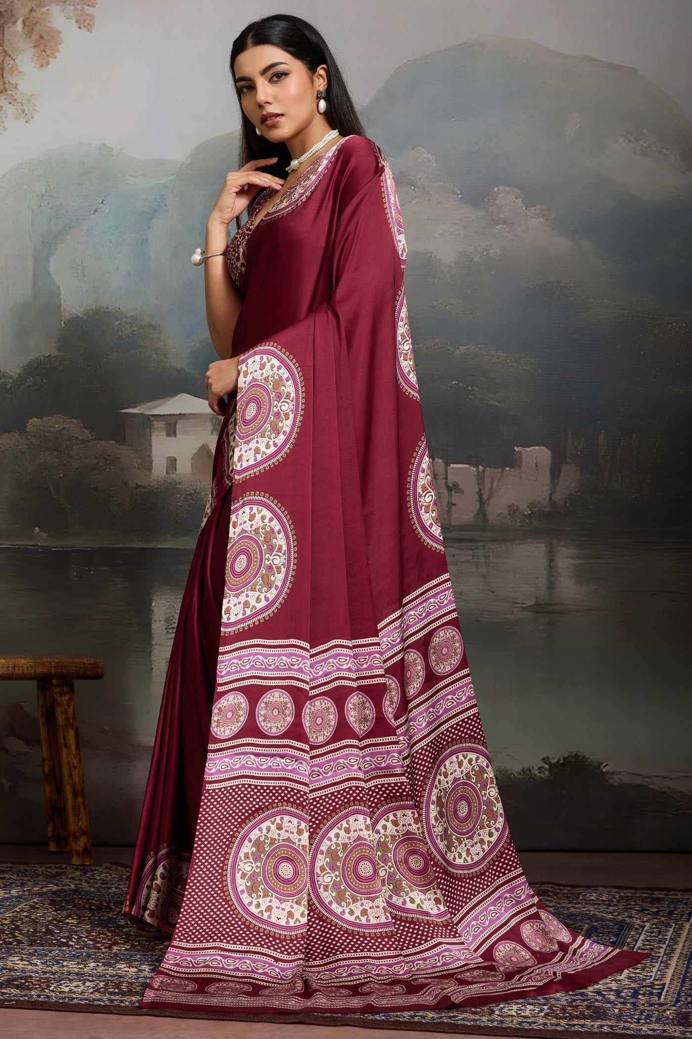 Buy MySilkLove Ruby Purple Modal Ajrakh Printed Silk Saree Online