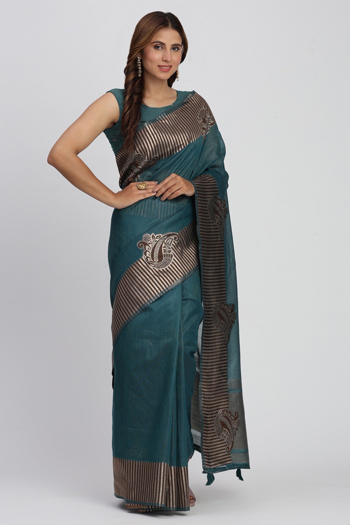 Buy MySilkLove Myrtle Green Woven Linen Cotton Saree Online