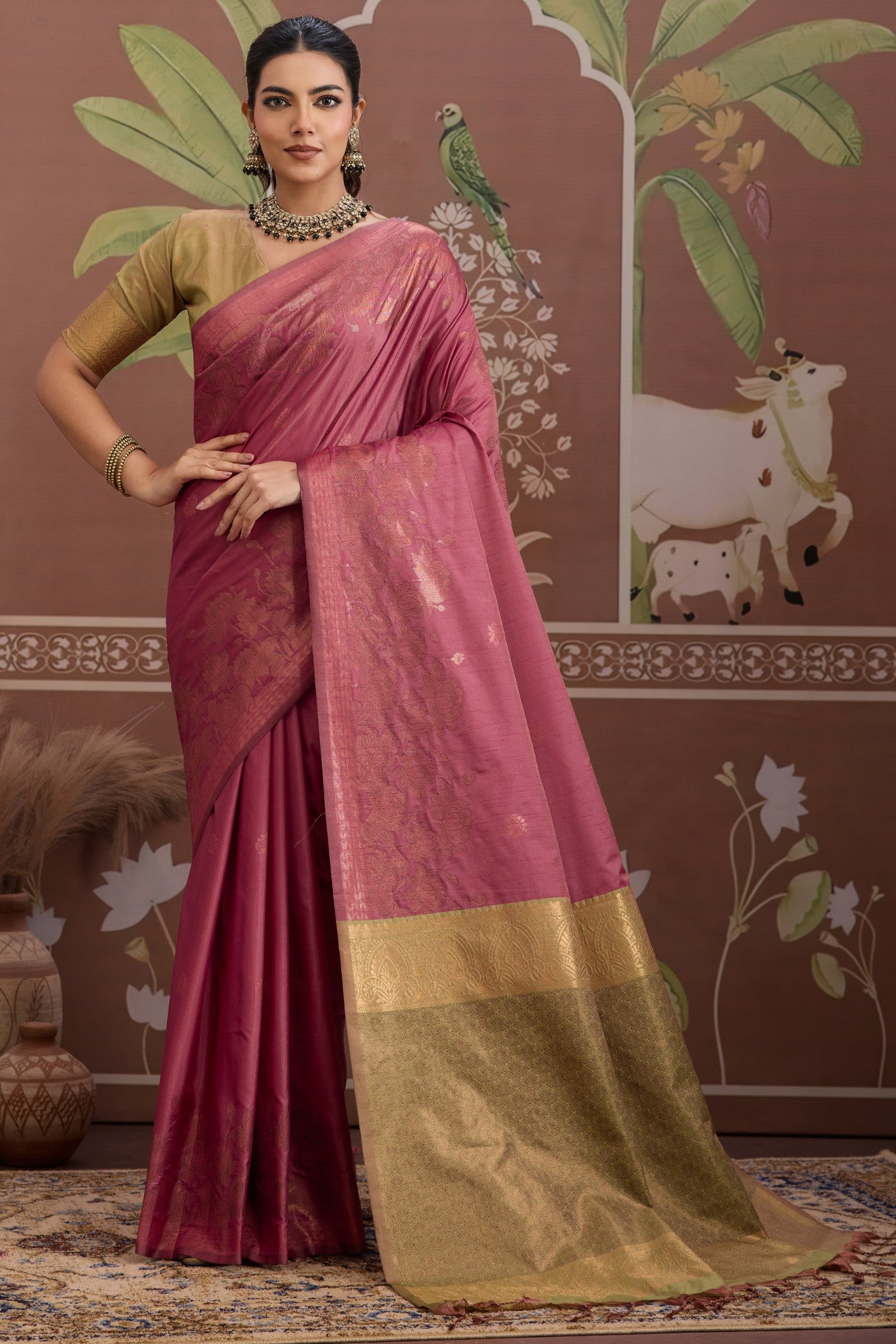 Buy MySilkLove Salmon Pink Banarasi Handloom Tussar Saree Online
