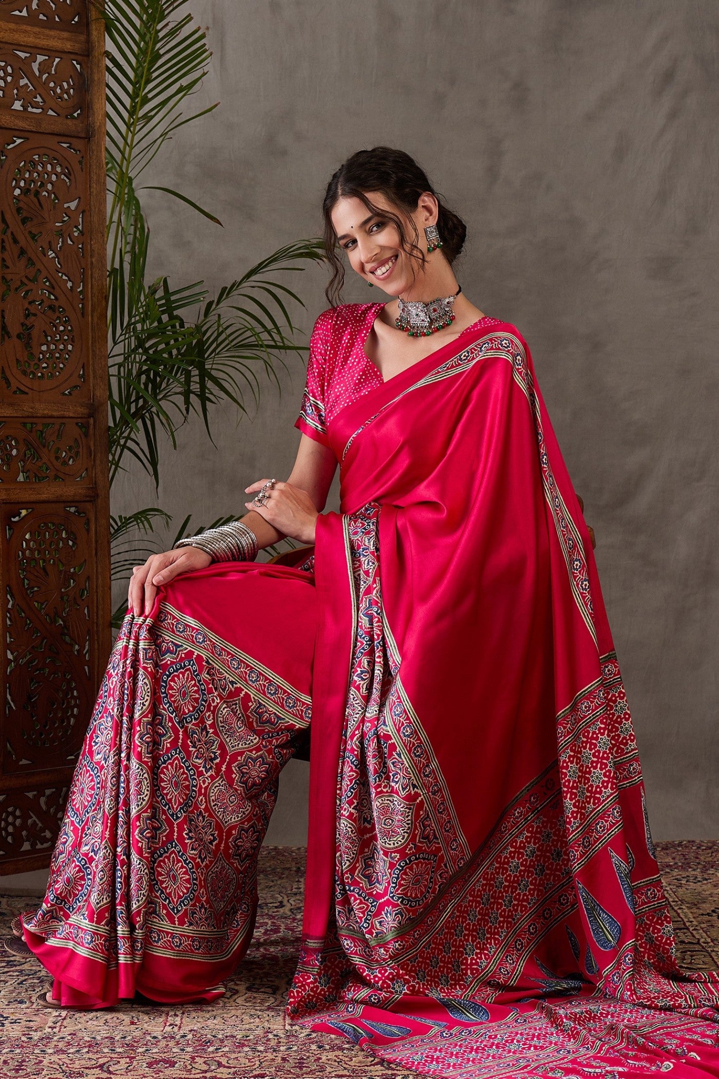 Buy MySilkLove Garnet Red Printed Satin Gaji Silk Saree Online