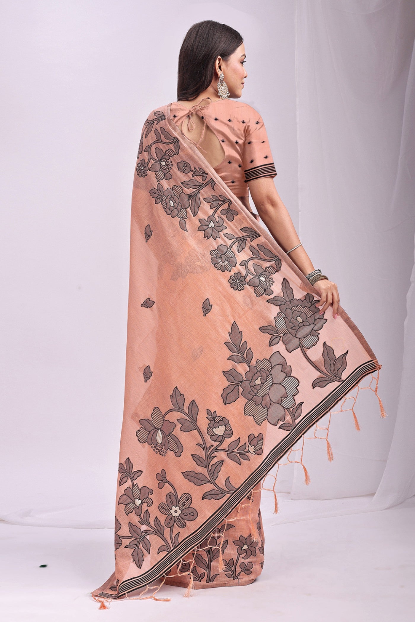 Buy MySilkLove Neon Orange Woven Linen Cotton Saree Online