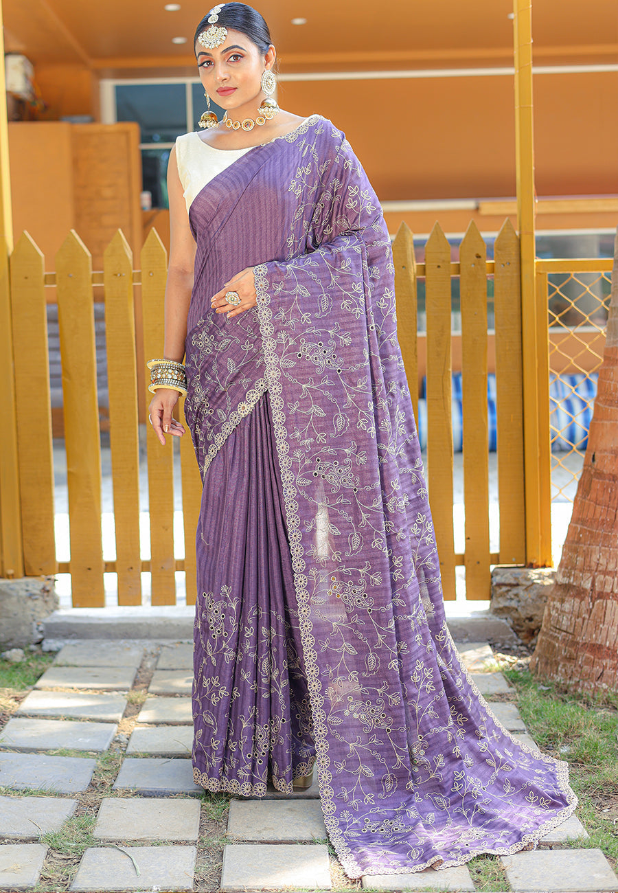 Buy MySilkLove Strikemaster Purple Embroidered Tussar Silk Saree Online