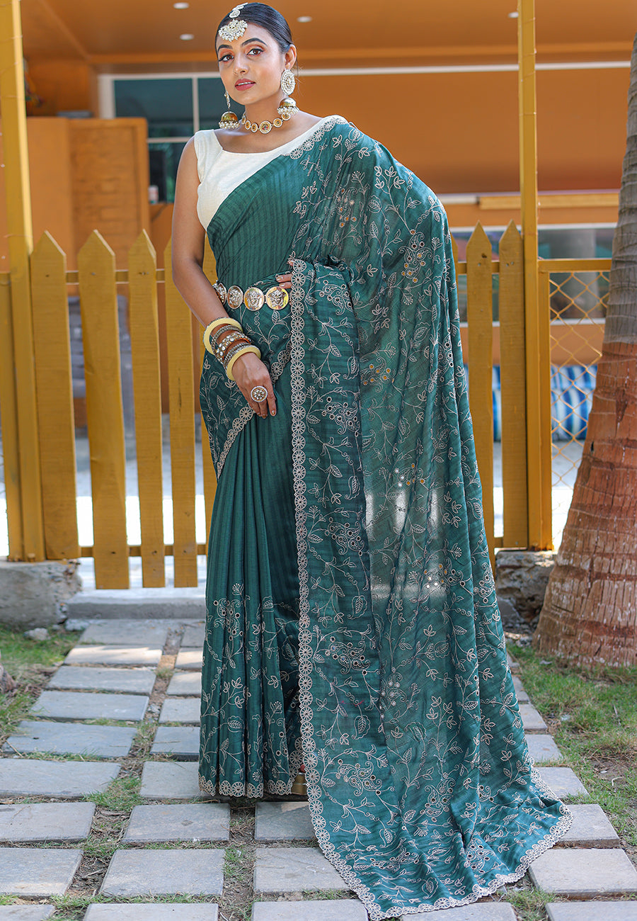 Buy MySilkLove Deep Space Sparkle Green Embroidered Tussar Silk Saree Online