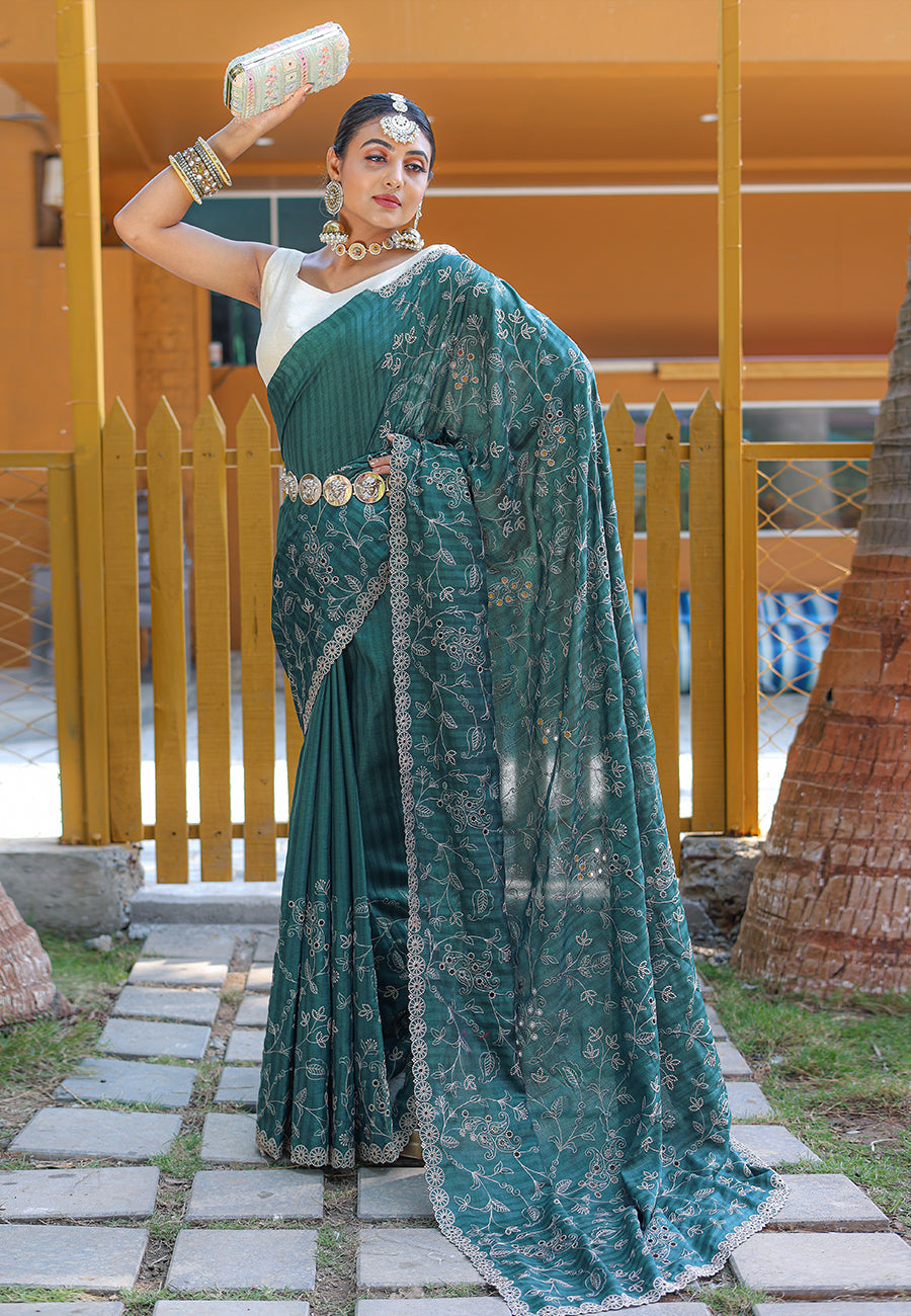 Buy MySilkLove Deep Space Sparkle Green Embroidered Tussar Silk Saree Online