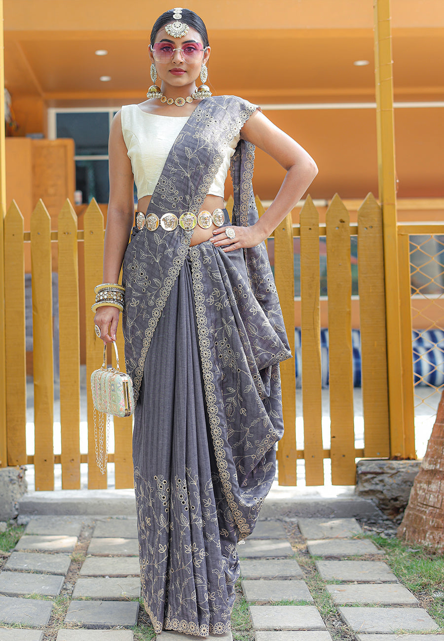 Buy MySilkLove Oslo Grey Embroidered Tussar Silk Saree Online