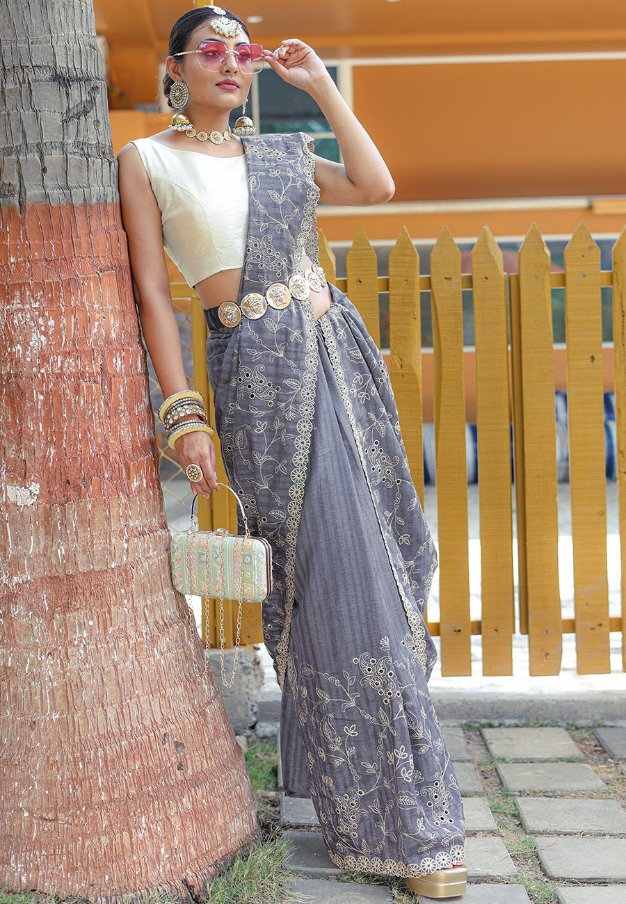 Buy MySilkLove Oslo Grey Embroidered Tussar Silk Saree Online