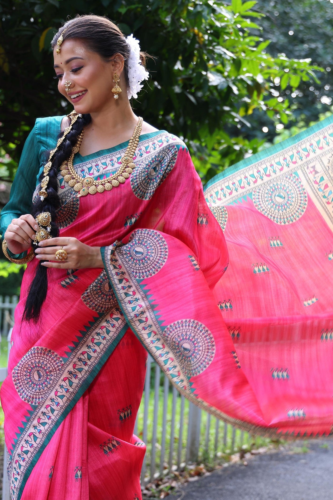 Buy MySilkLove Canary Pink Madhubani Tussar Printed Silk Saree Online