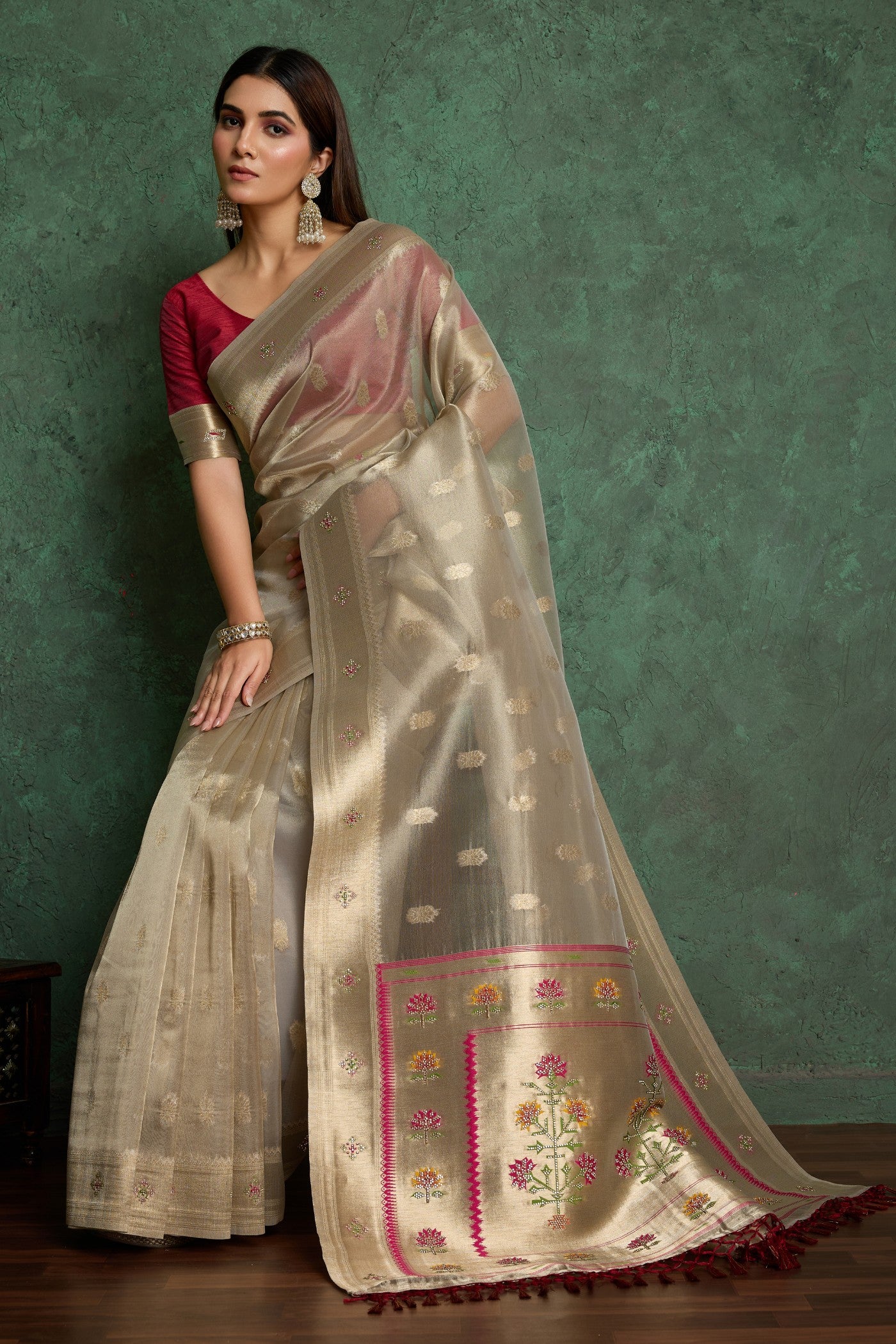 Buy MySilkLove Silver Chalice Grey Woven Tissue Paithani Saree Online