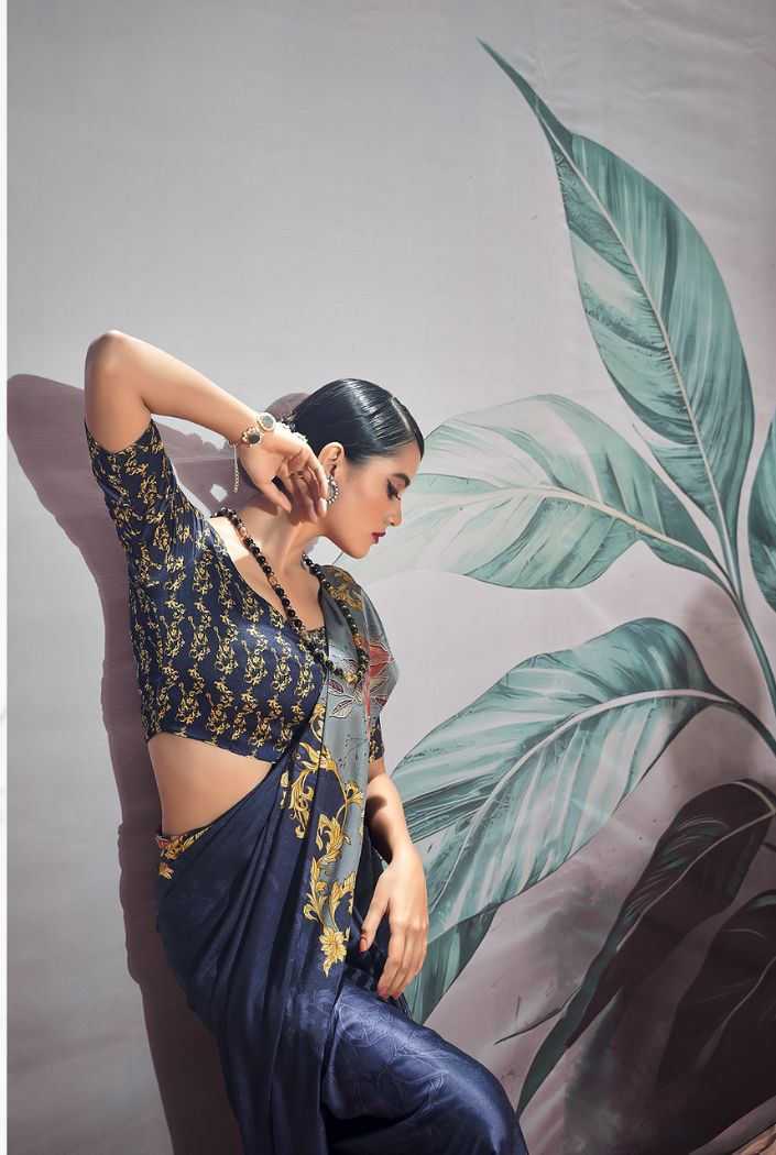 Buy MySilkLove Cloudy Blue Printed Satin Silk Saree Online