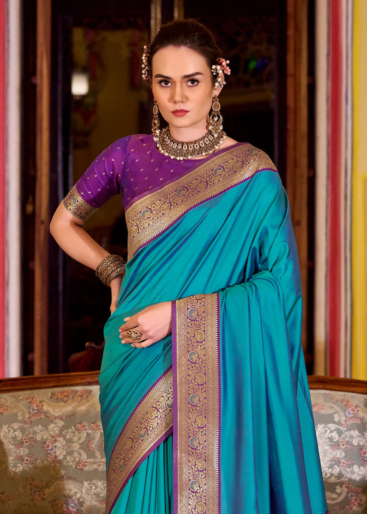 Buy MySilkLove Cyan Blue Woven Banarasi Soft Silk Saree Online