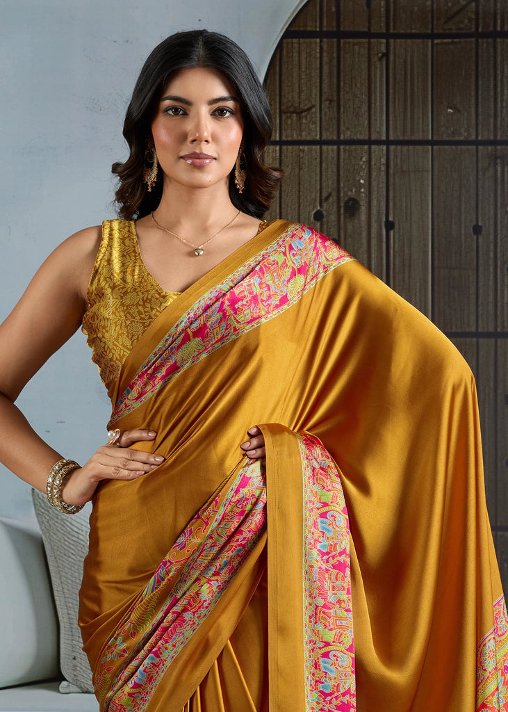 Buy MySilkLove Daisy Yellow Printed Satin Crepe Silk Saree Online