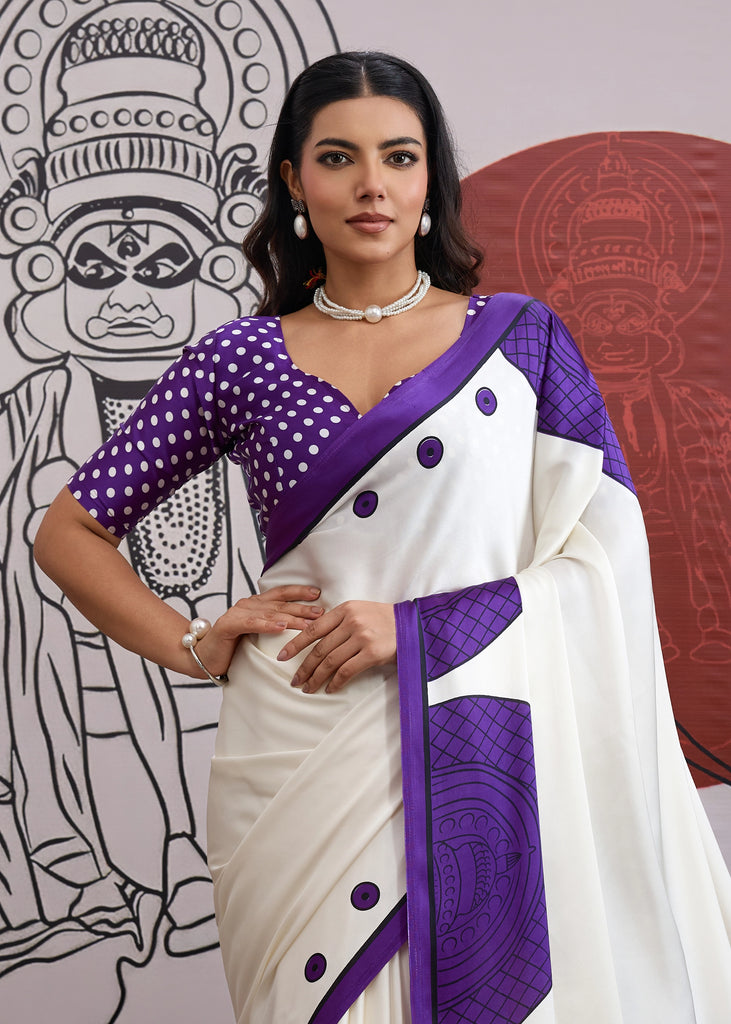 Buy MySilkLove Grape Purple and White Printed Satin Crepe Silk Saree Online