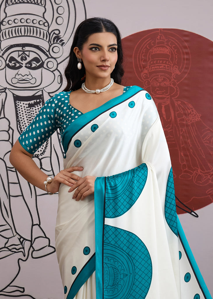 Buy MySilkLove Steel Blue and White Printed Satin Crepe Silk Saree Online