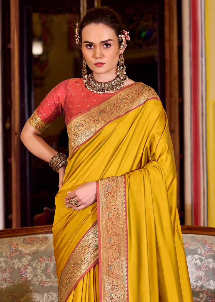 Buy MySilkLove Citrine Yellow Woven Banarasi Soft Silk Saree Online