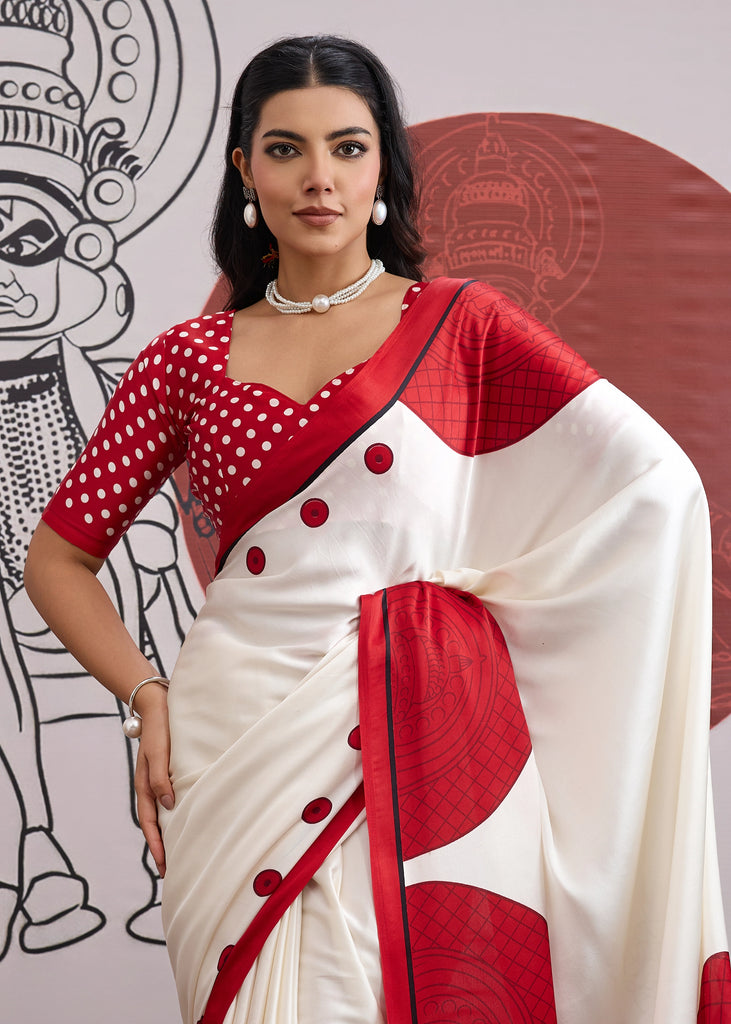 Buy MySilkLove Barn Red and White Printed Satin Crepe Silk Saree Online