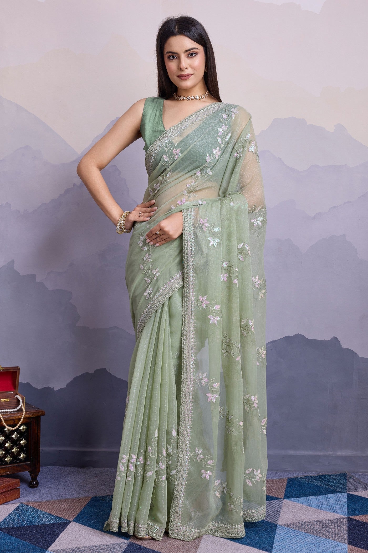 Pastel Green Embroidered Designer Chiffon Saree - Main Image