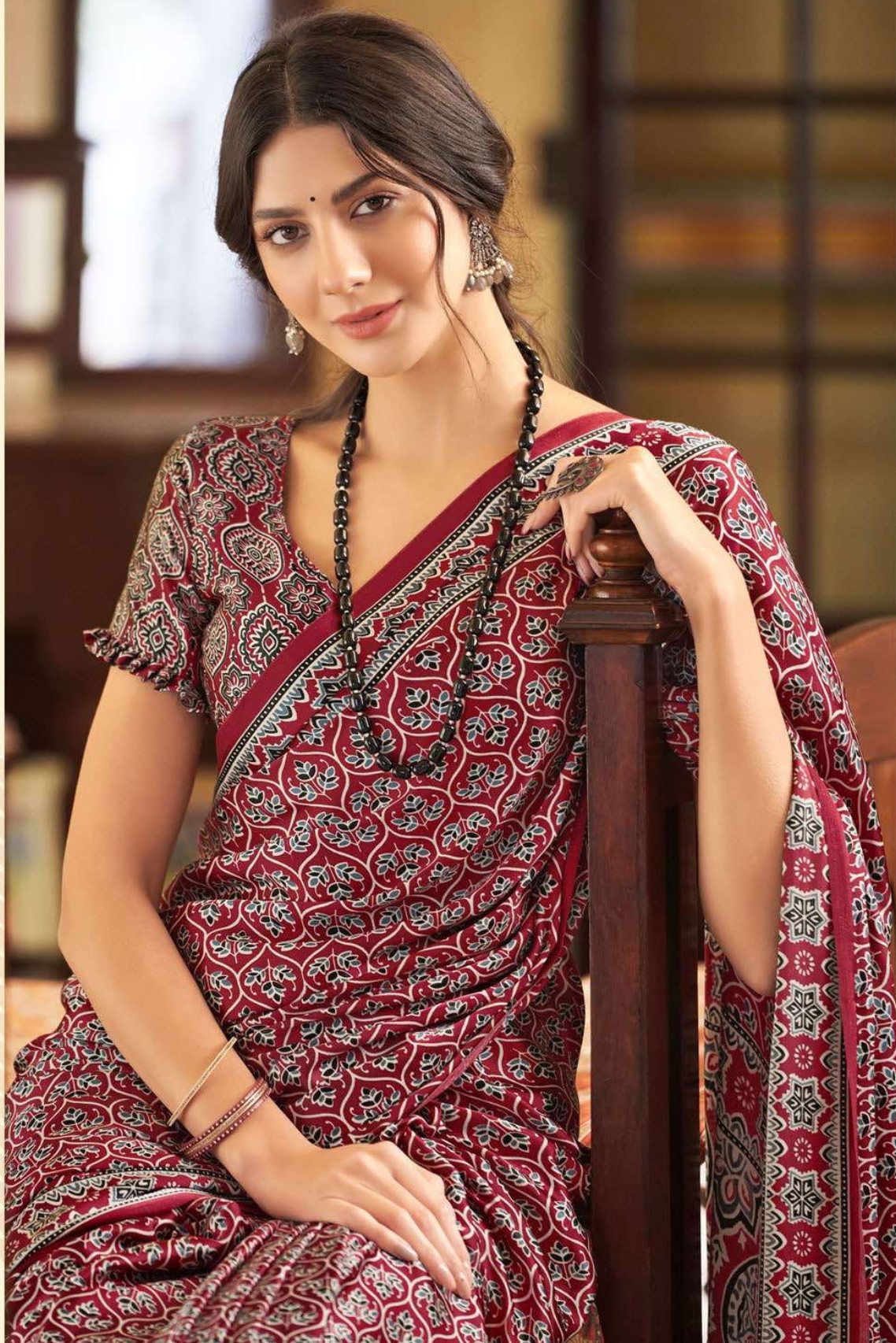 Buy MySilkLove Chic Maroon Ajrakh Printed Satin Crepe Saree Online