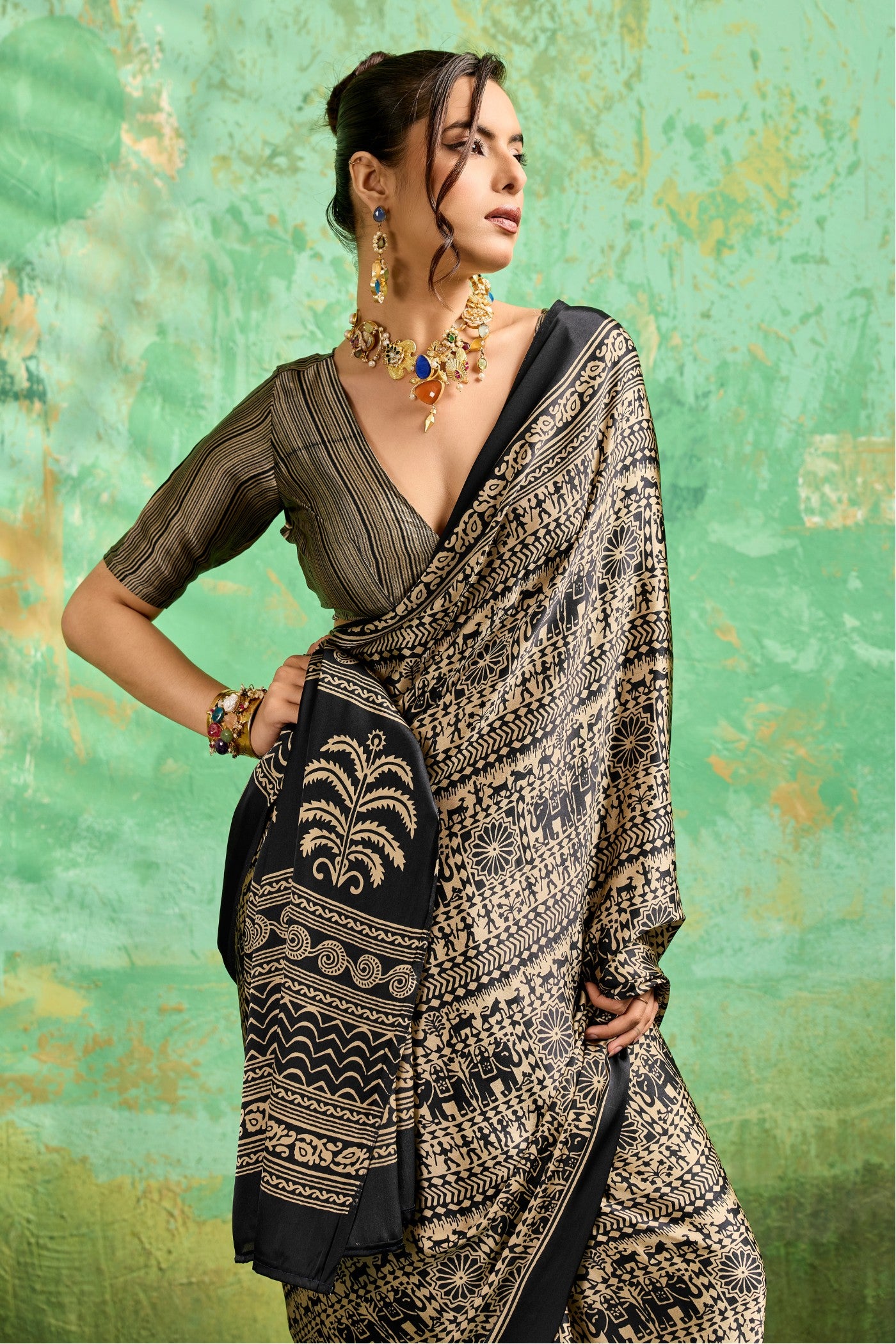 Buy MySilkLove Black Licorice Modal Satin Kalamkari Printed Saree Online